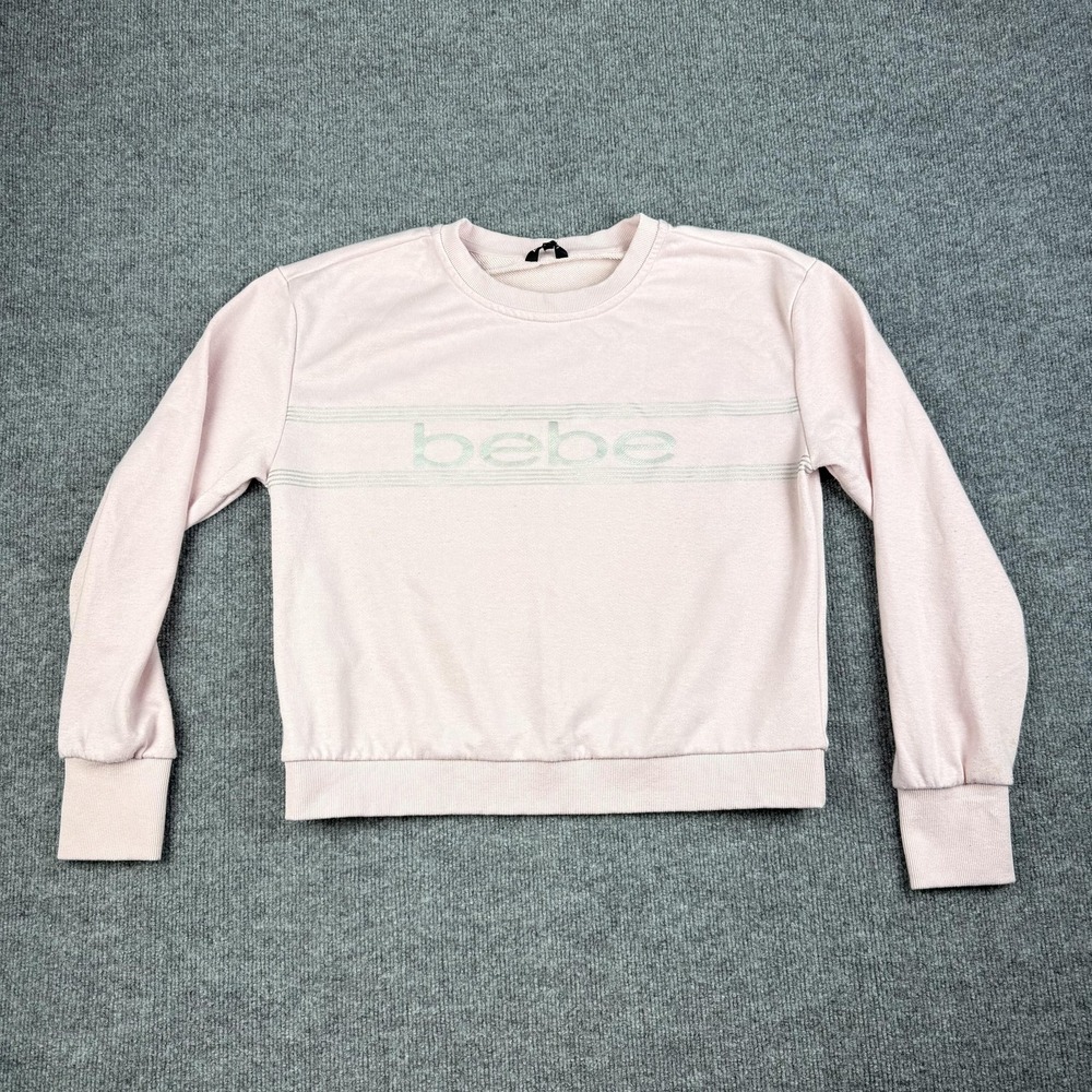 Bebe Sport Sweatshirt Womens Large Pink Graphic Logo Fleece Crewneck Pullover